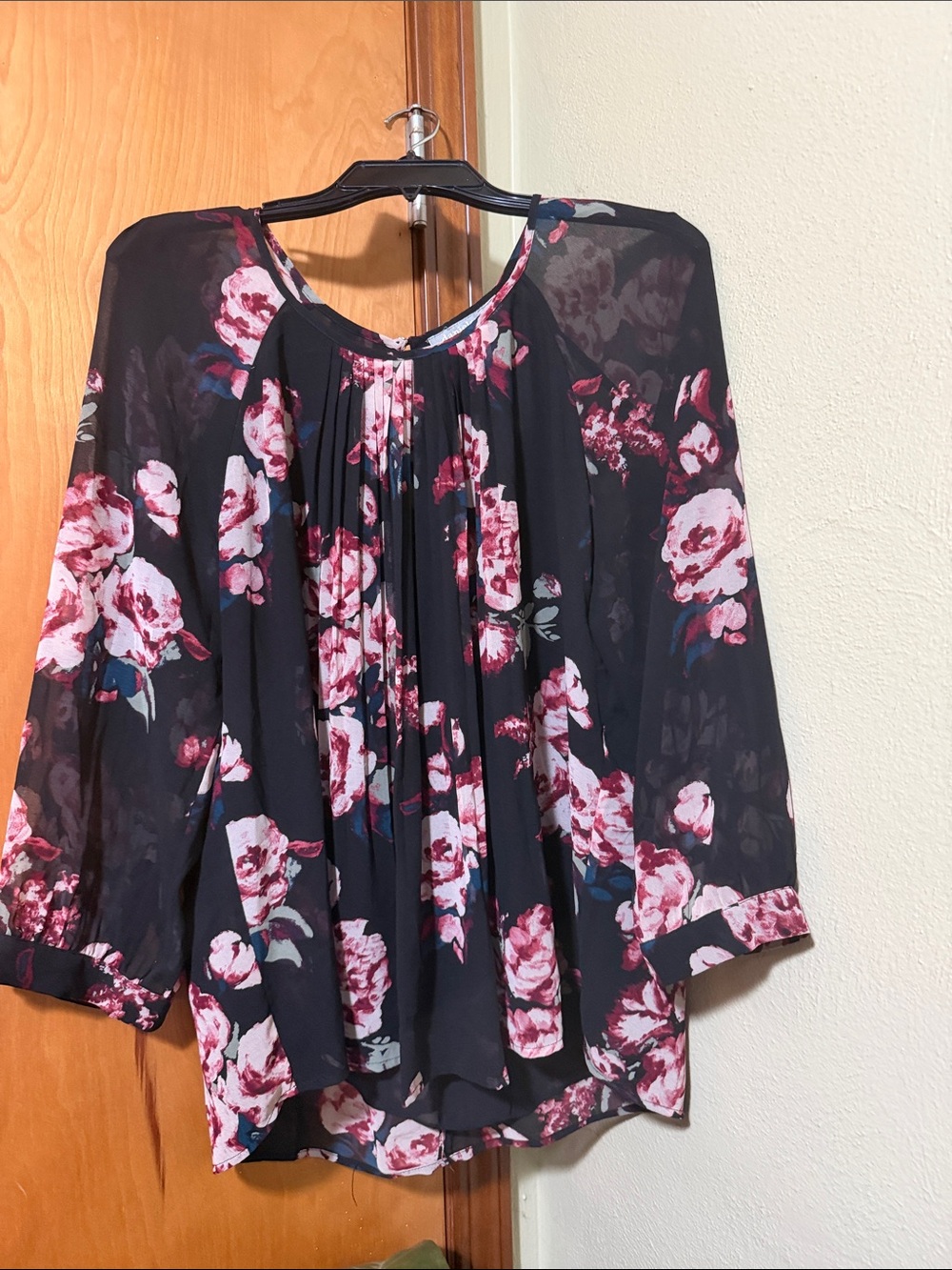 Daniel Rainn Black Blouse with Pink Floral Print